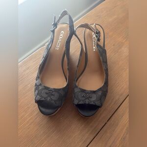 Coach Black Patterned Wedge Sandals